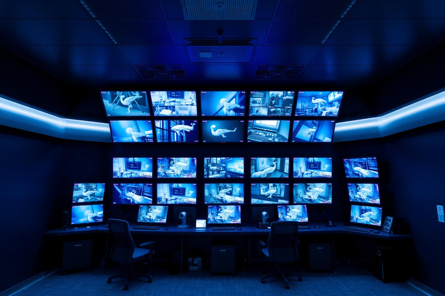 Security control room with a wall of surveillance monitors