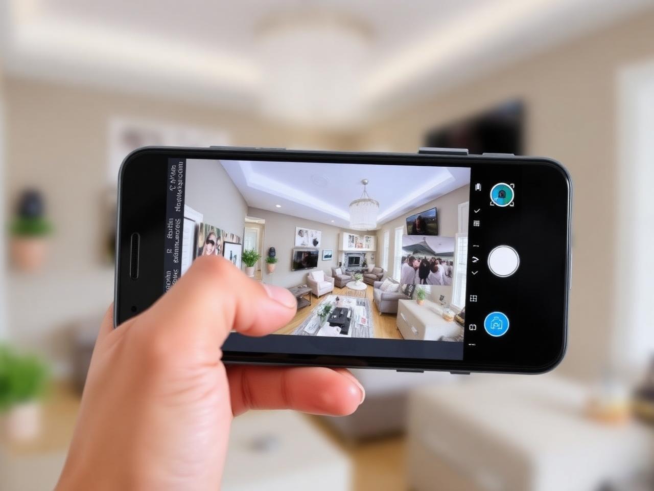 Smartphone showing a live CCTV camera feed of a home