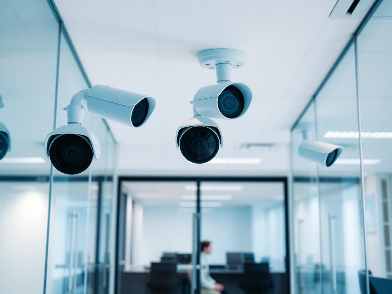 Surveillance cameras installed in a modern commercial office